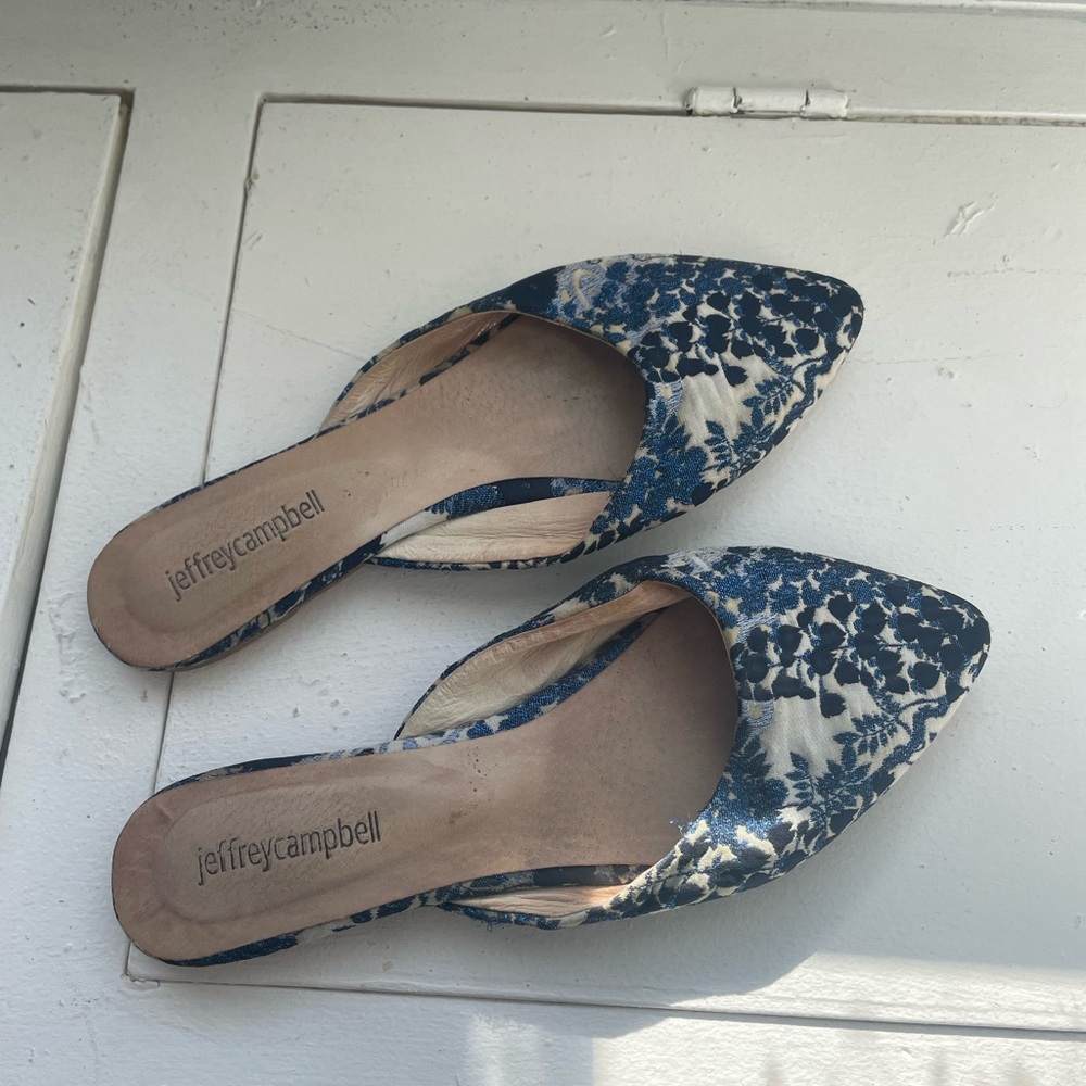 Jeffrey Campbell Navy and White Floral Mules